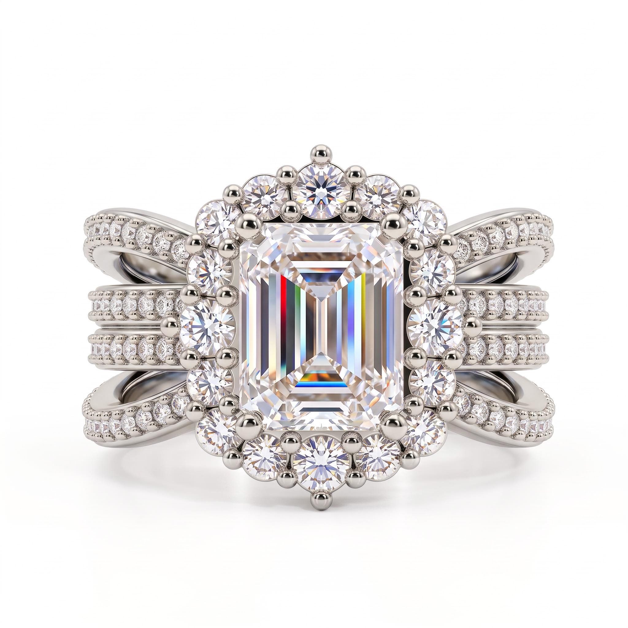 3.04 ct.tw. Emerald Cut Halo Split Shank Engagement Ring 3.04 ct.tw. Emerald Cut Halo Split Shank Engagement Ring