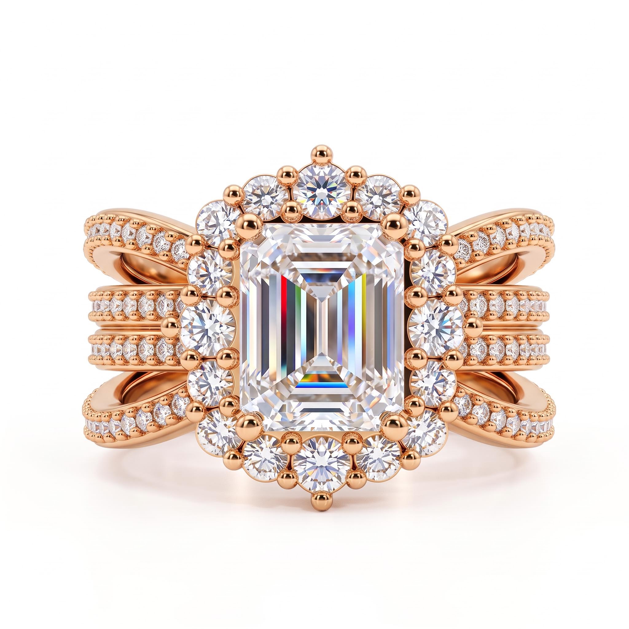 3.04 ct.tw. Emerald Cut Halo Split Shank Engagement Ring 3.04 ct.tw. Emerald Cut Halo Split Shank Engagement Ring
