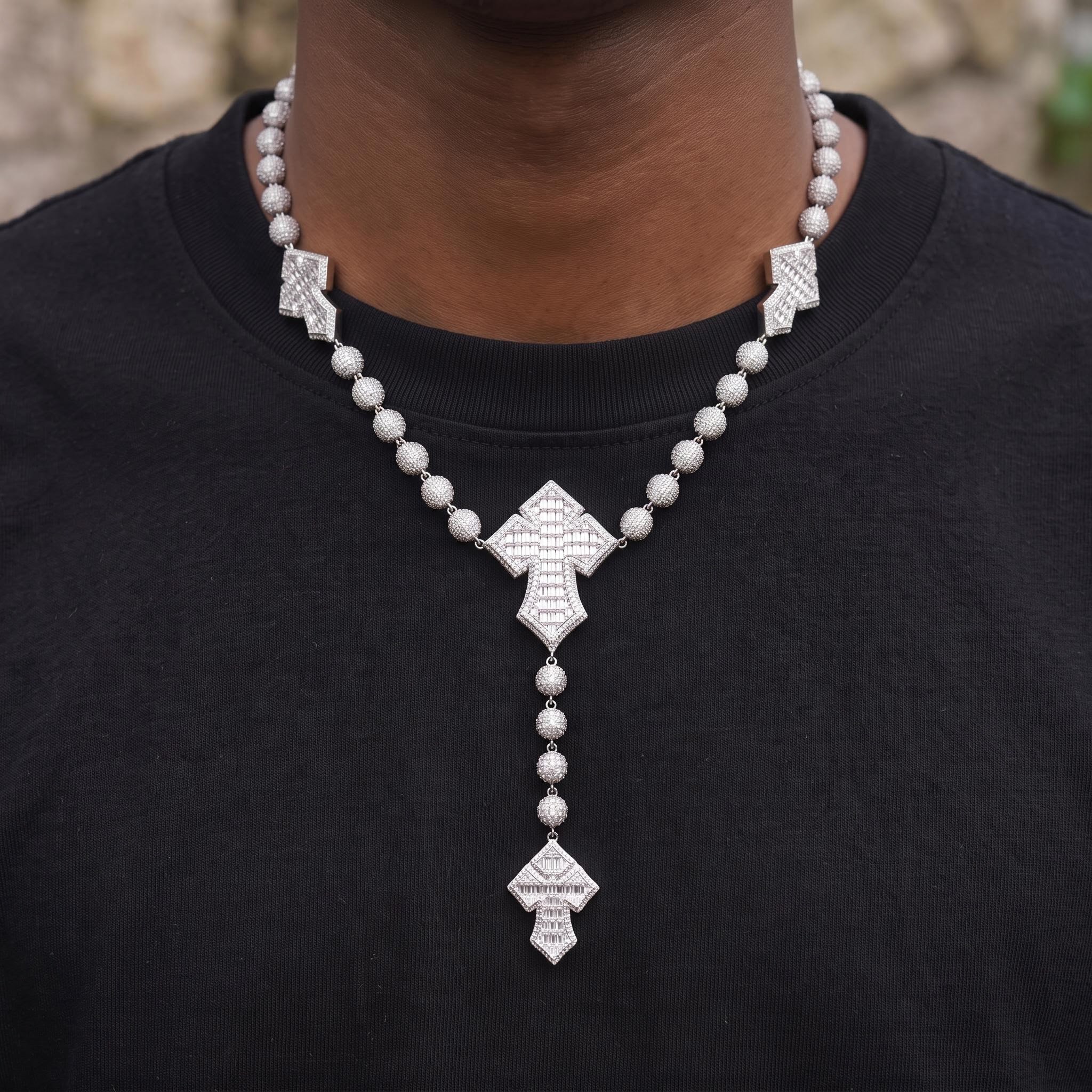 Iced Out Baguette Cut Cross Ball Chain Necklace Iced Out Baguette Cut Cross Ball Chain Necklace