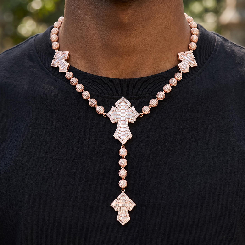 Iced Out Baguette Cut Cross Ball Chain Necklace Iced Out Baguette Cut Cross Ball Chain Necklace