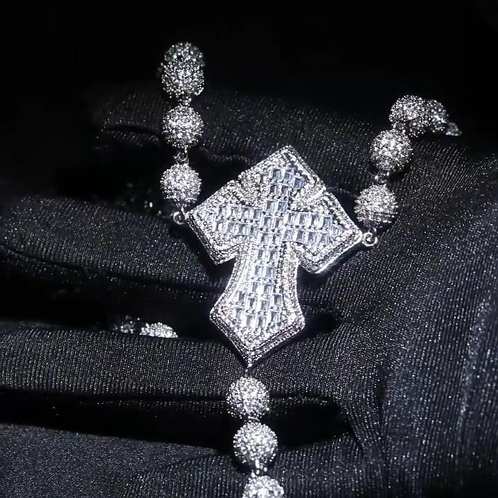 Iced Out Baguette Cut Cross Ball Chain Necklace Iced Out Baguette Cut Cross Ball Chain Necklace