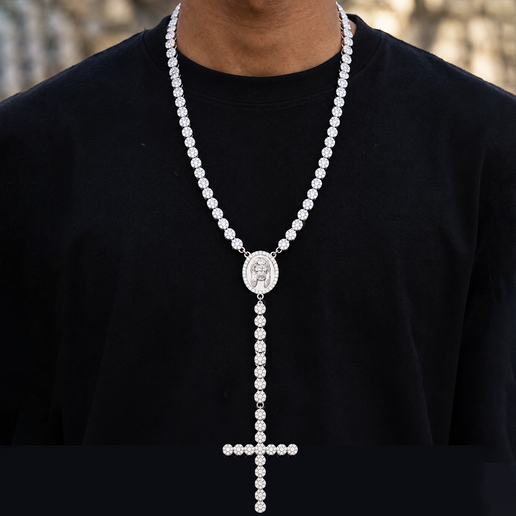 Iced Out Cross Jesus Clustered Tennis Chain Necklace
