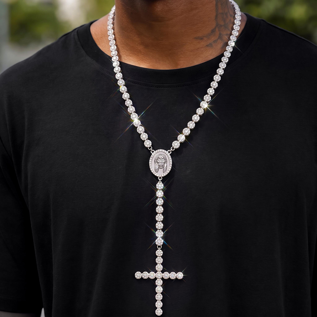 Iced Out Cross Jesus Clustered Tennis Chain Necklace