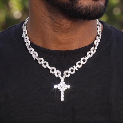 Iced Out Infinity Link Cross Pendant Necklace