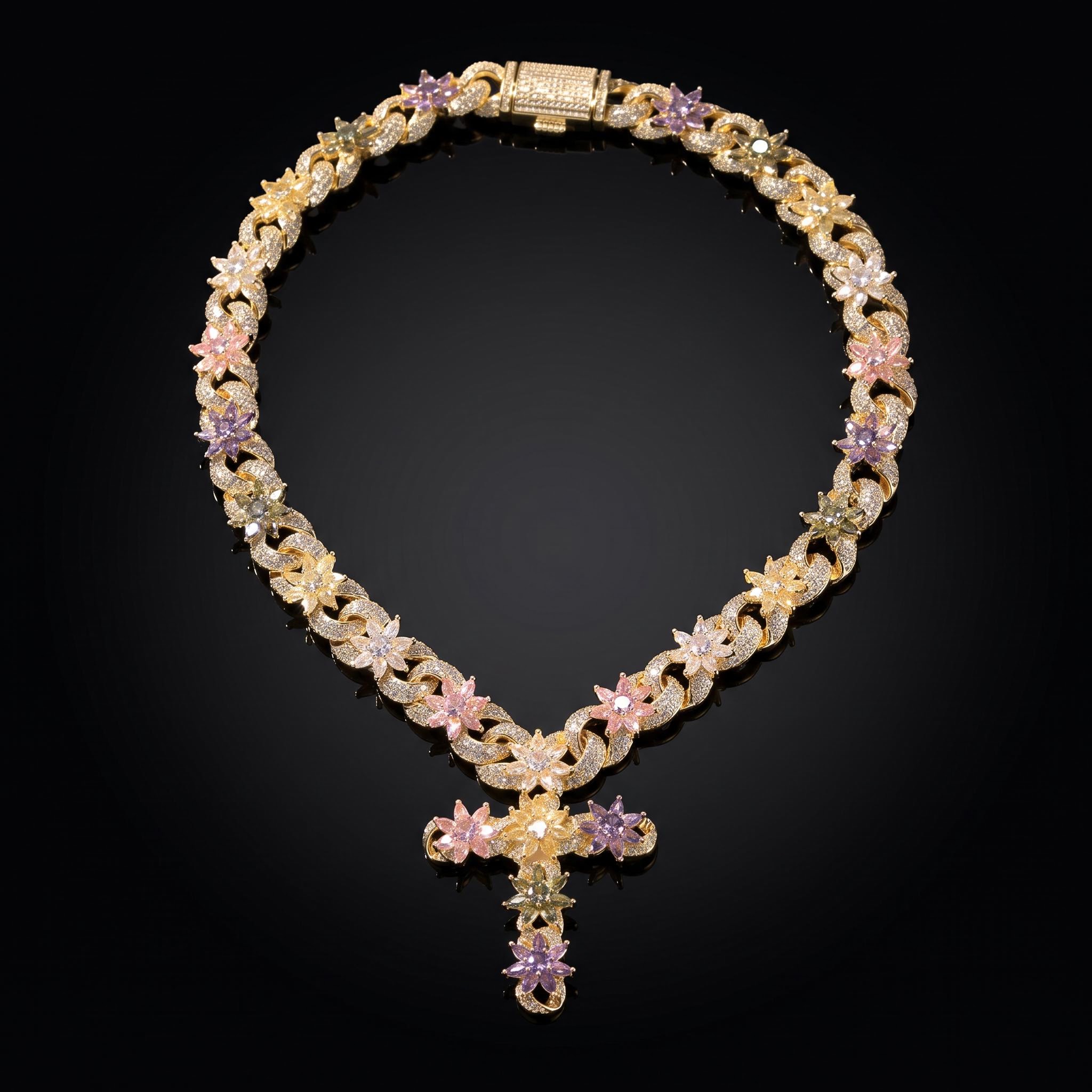 Iced Out Multi-Color Floral Cross Necklace
