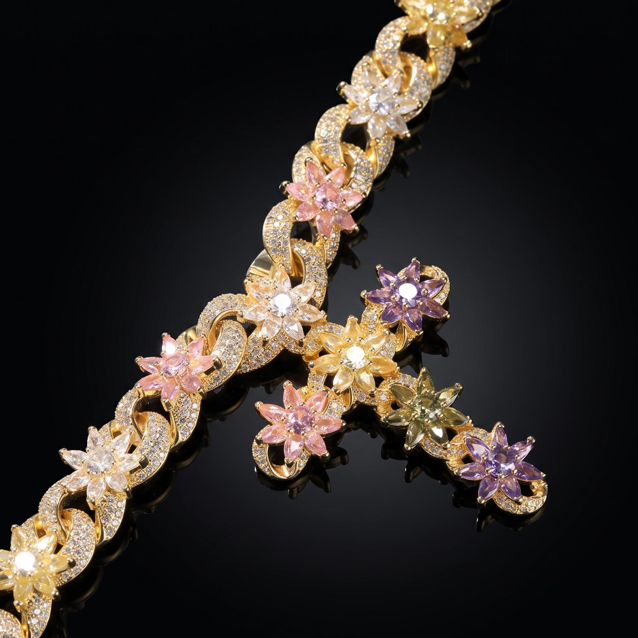 Iced Out Multi-Color Floral Cross Necklace