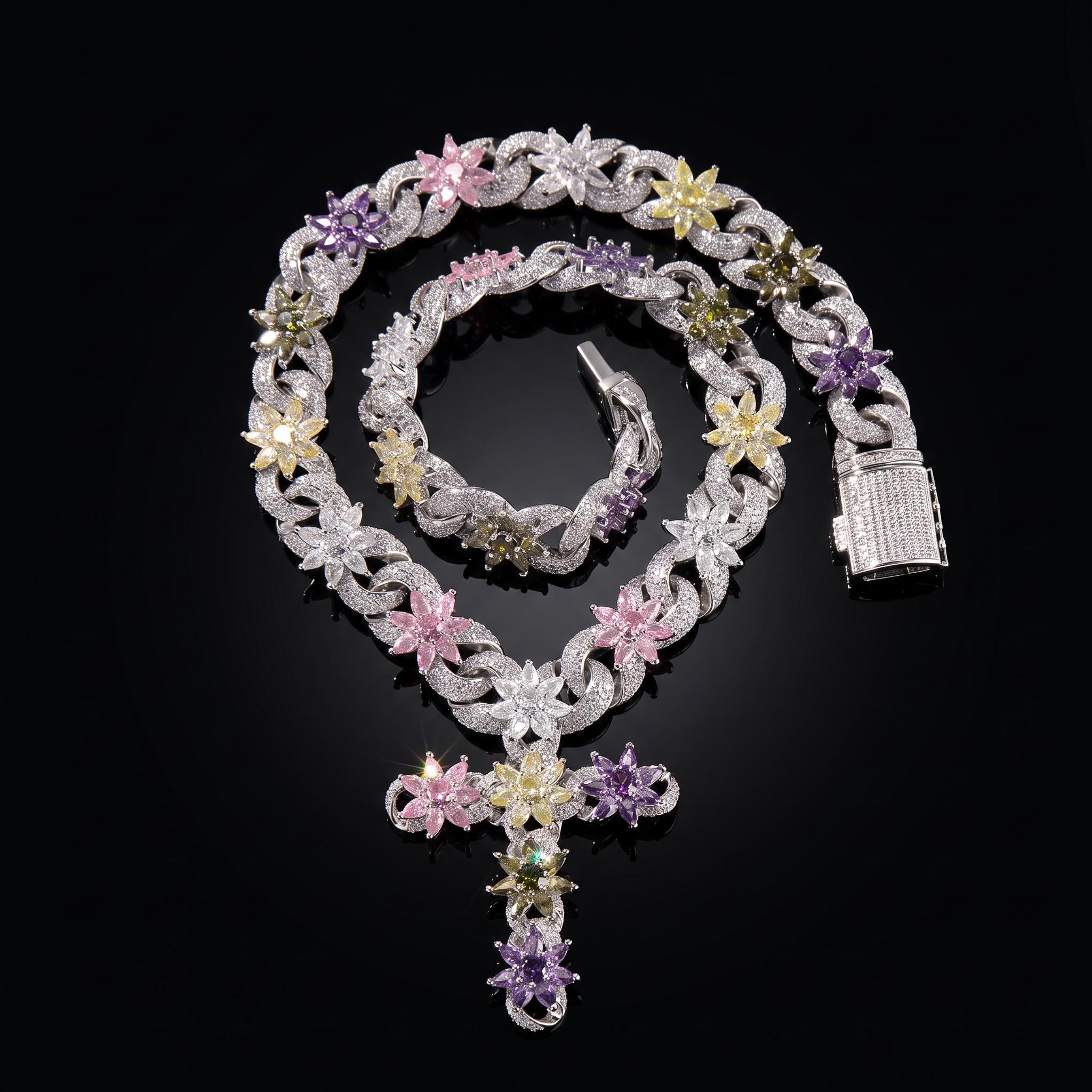 Iced Out Multi-Color Floral Cross Necklace