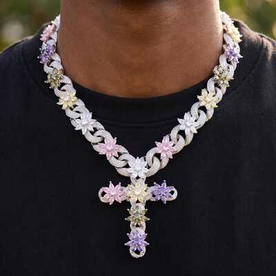 Iced Out Multi-Color Floral Cross Necklace