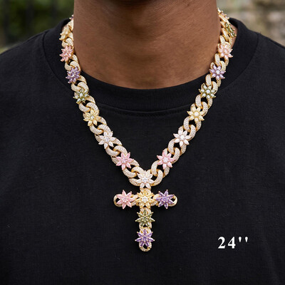 Iced Out Multi-Color Floral Cross Necklace