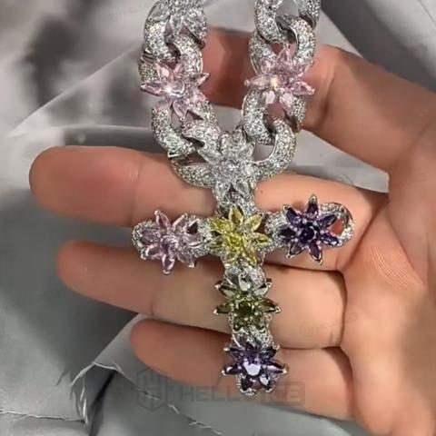 Iced Out Multi-Color Floral Cross Necklace