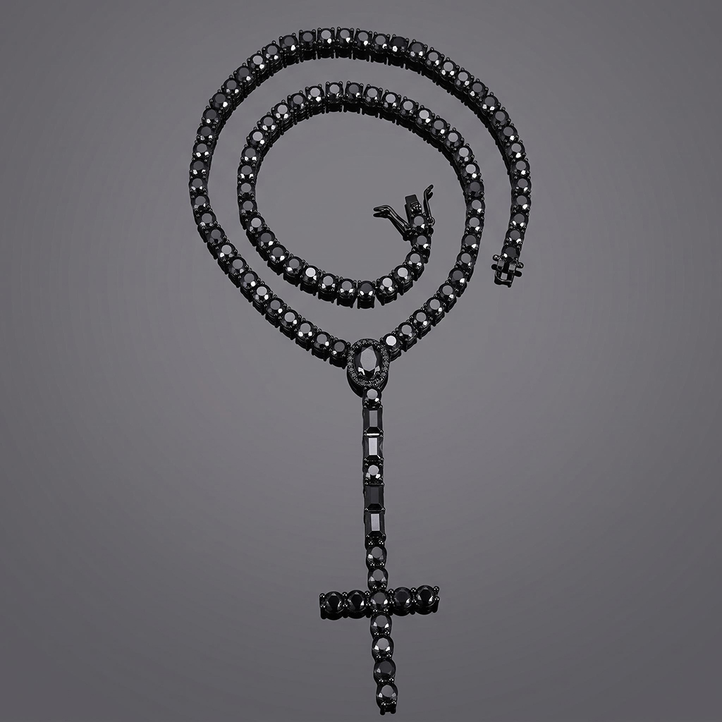 5mm Black Iced Out Cross Tennis Rosary Necklace 5mm Black Iced Out Cross Tennis Rosary Necklace