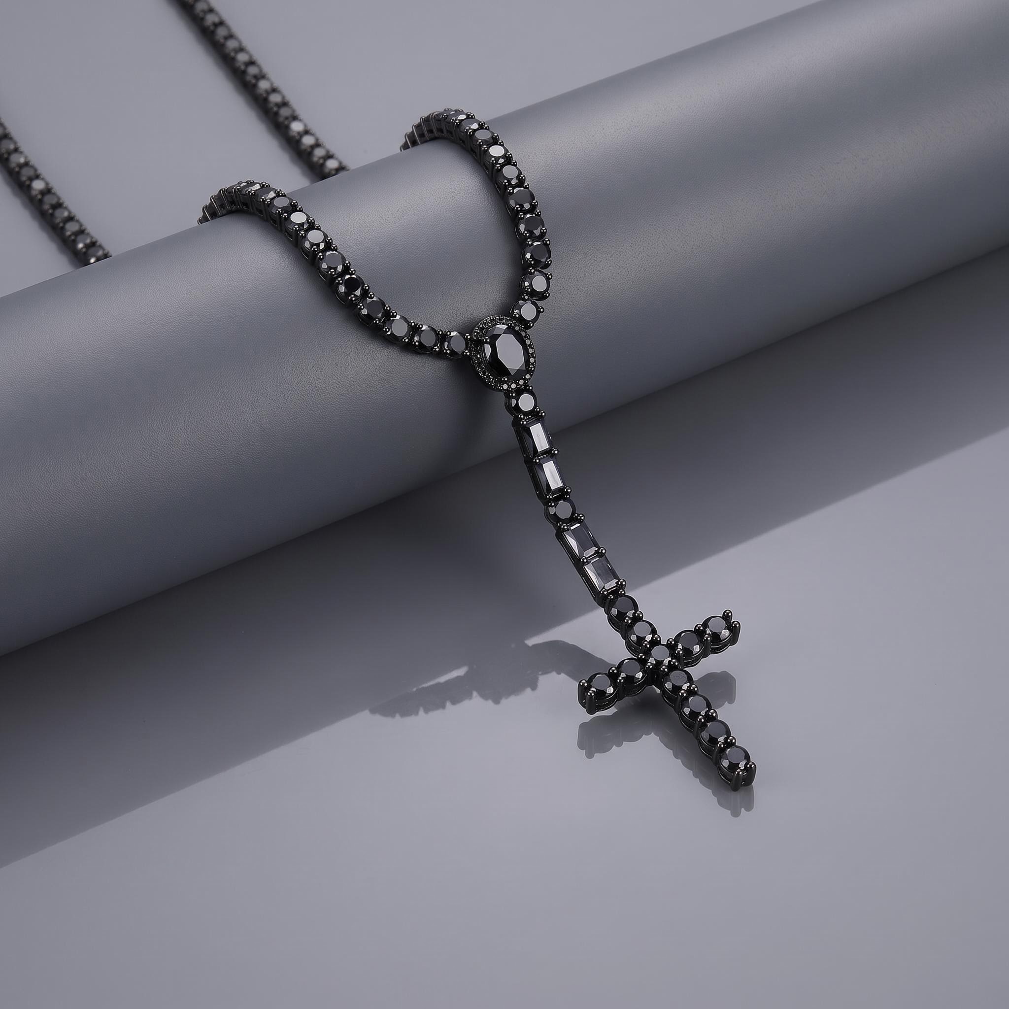 5mm Black Iced Out Cross Tennis Rosary Necklace 5mm Black Iced Out Cross Tennis Rosary Necklace