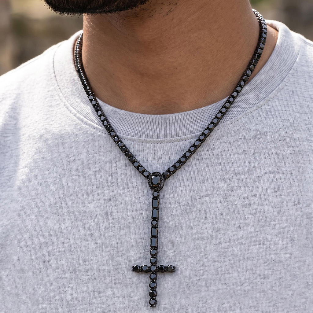 5mm Black Iced Out Cross Tennis Rosary Necklace 5mm Black Iced Out Cross Tennis Rosary Necklace