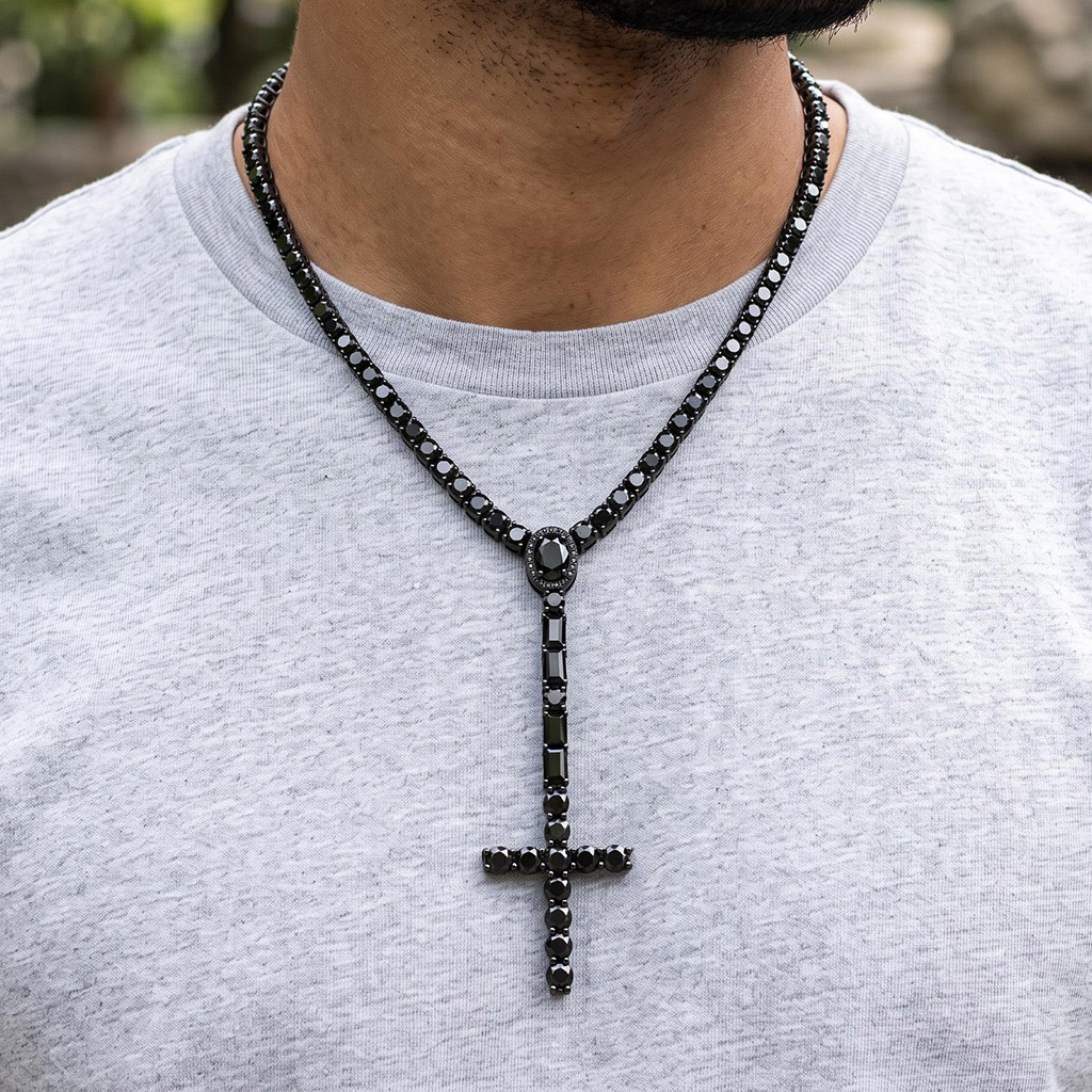5mm Black Iced Out Cross Tennis Rosary Necklace 5mm Black Iced Out Cross Tennis Rosary Necklace