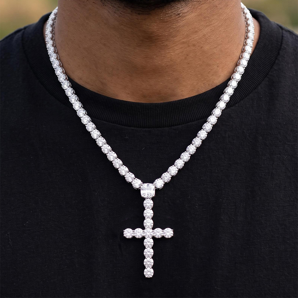 5mm Iced Out Cushion Cut Cross Tennis Rosary Necklace