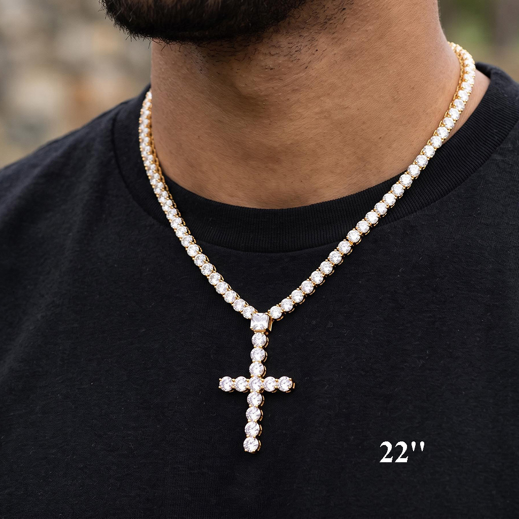 5mm Iced Out Cushion Cut Cross Tennis Rosary Necklace