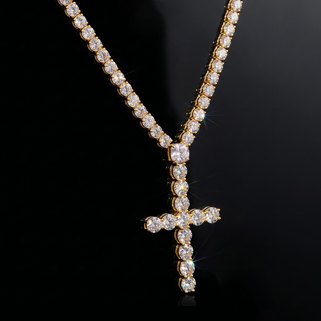 5mm Iced Out Cushion Cut Cross Tennis Rosary Necklace