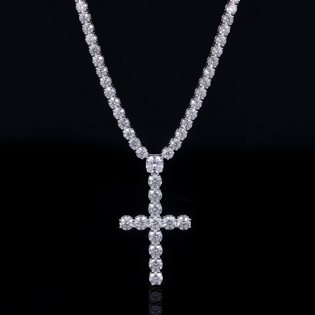 5mm Iced Out Cushion Cut Cross Tennis Rosary Necklace