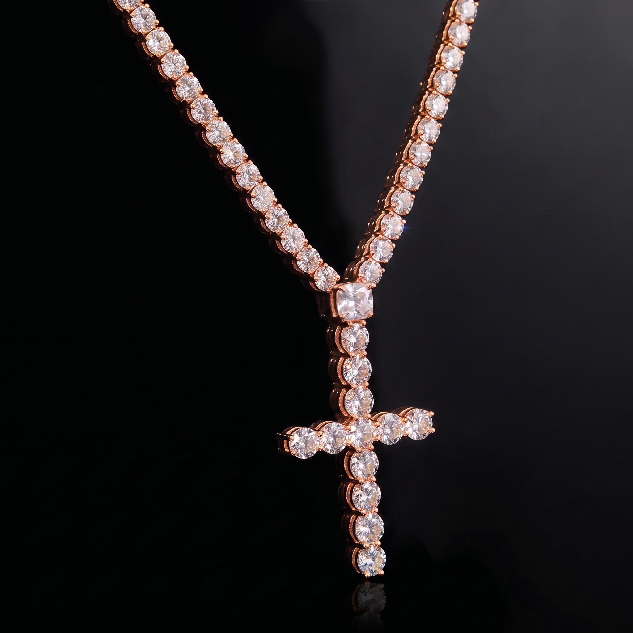 5mm Iced Out Cushion Cut Cross Tennis Rosary Necklace