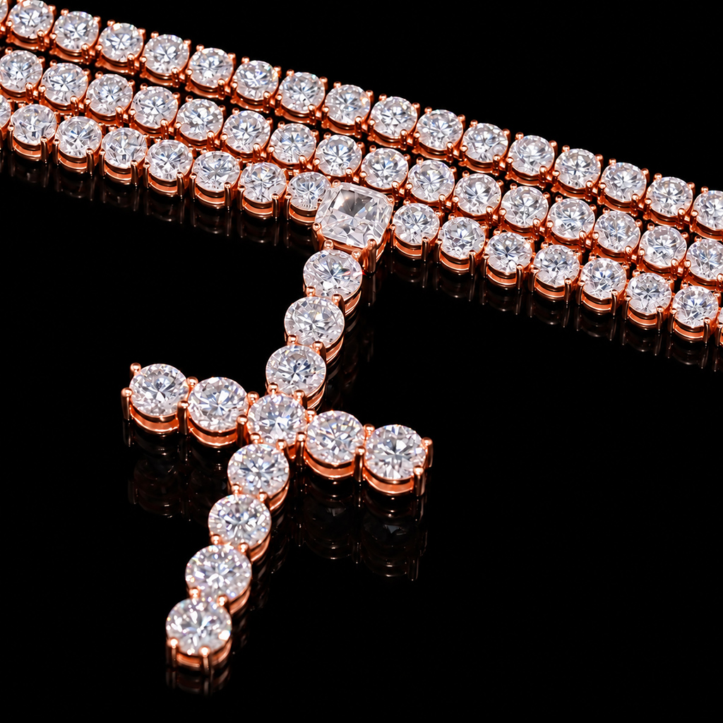 5mm Iced Out Cushion Cut Cross Tennis Rosary Necklace