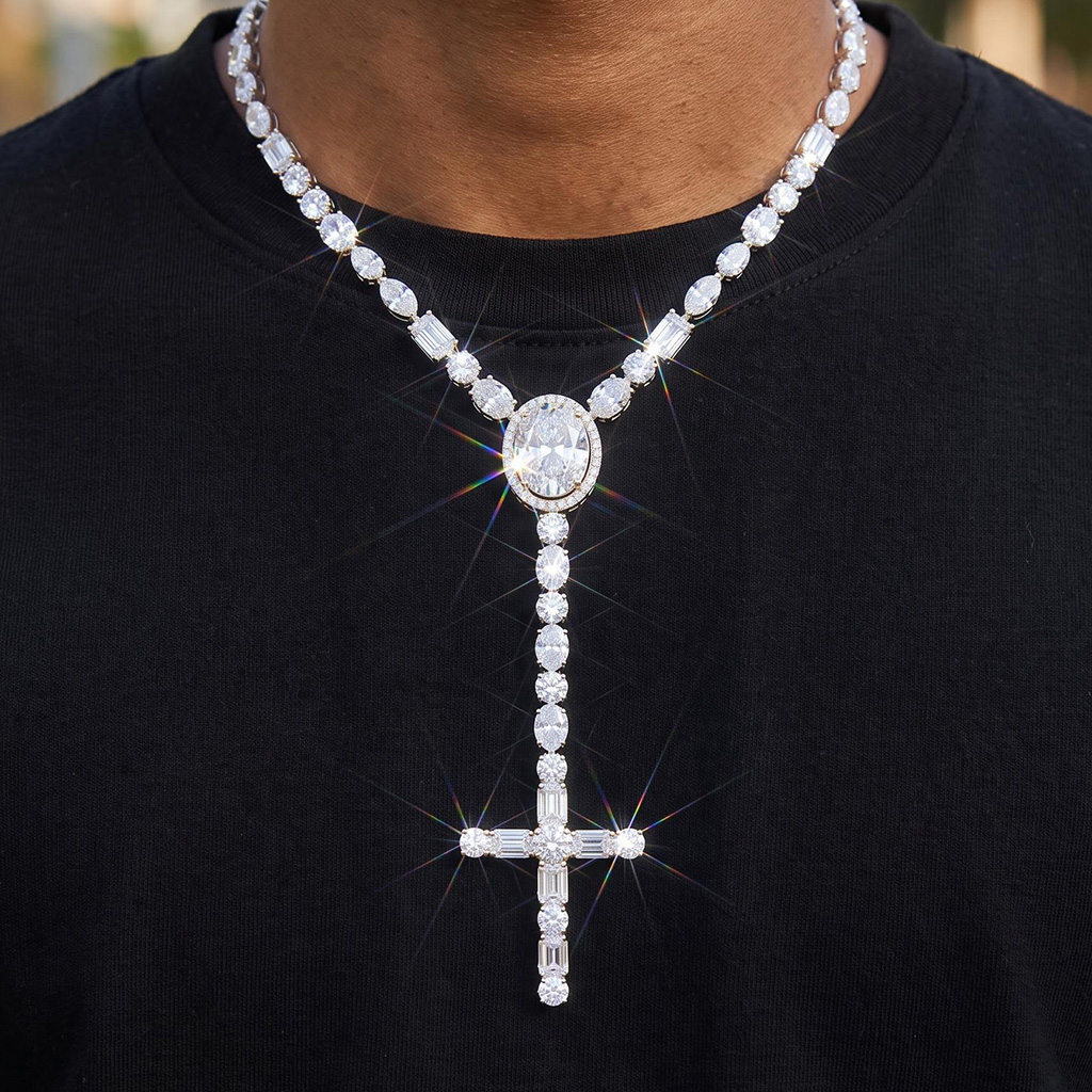 Iced Out 5mm Multi-Cut Cross Tennis Rosary Necklace