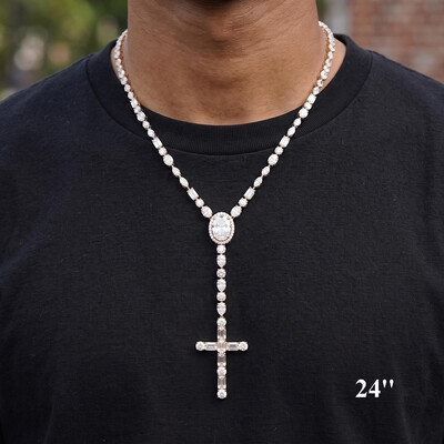 Iced Out 5mm Multi-Cut Cross Tennis Rosary Necklace Iced Out 5mm Multi-Cut Cross Tennis Rosary Necklace
