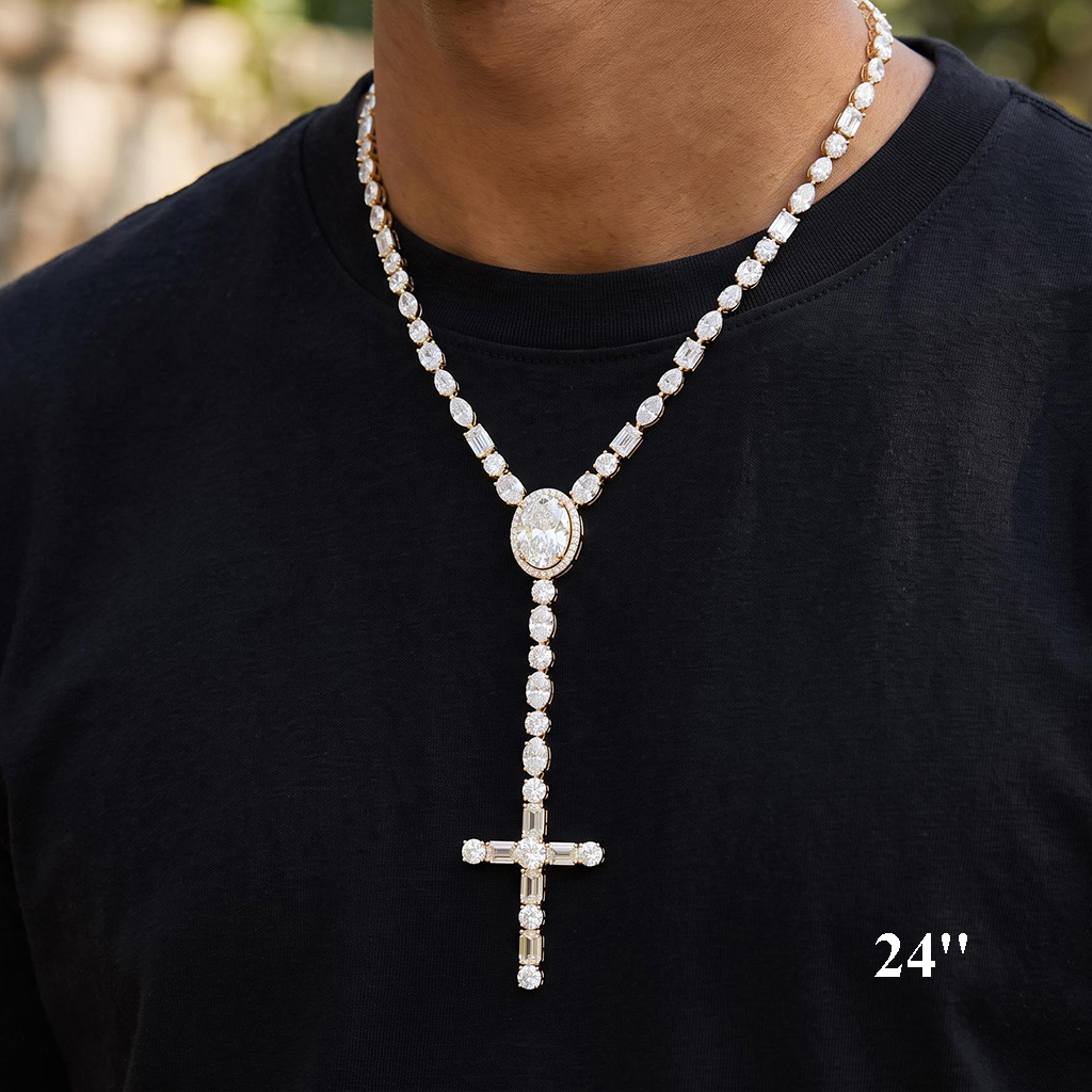 Iced Out 5mm Multi-Cut Cross Tennis Rosary Necklace