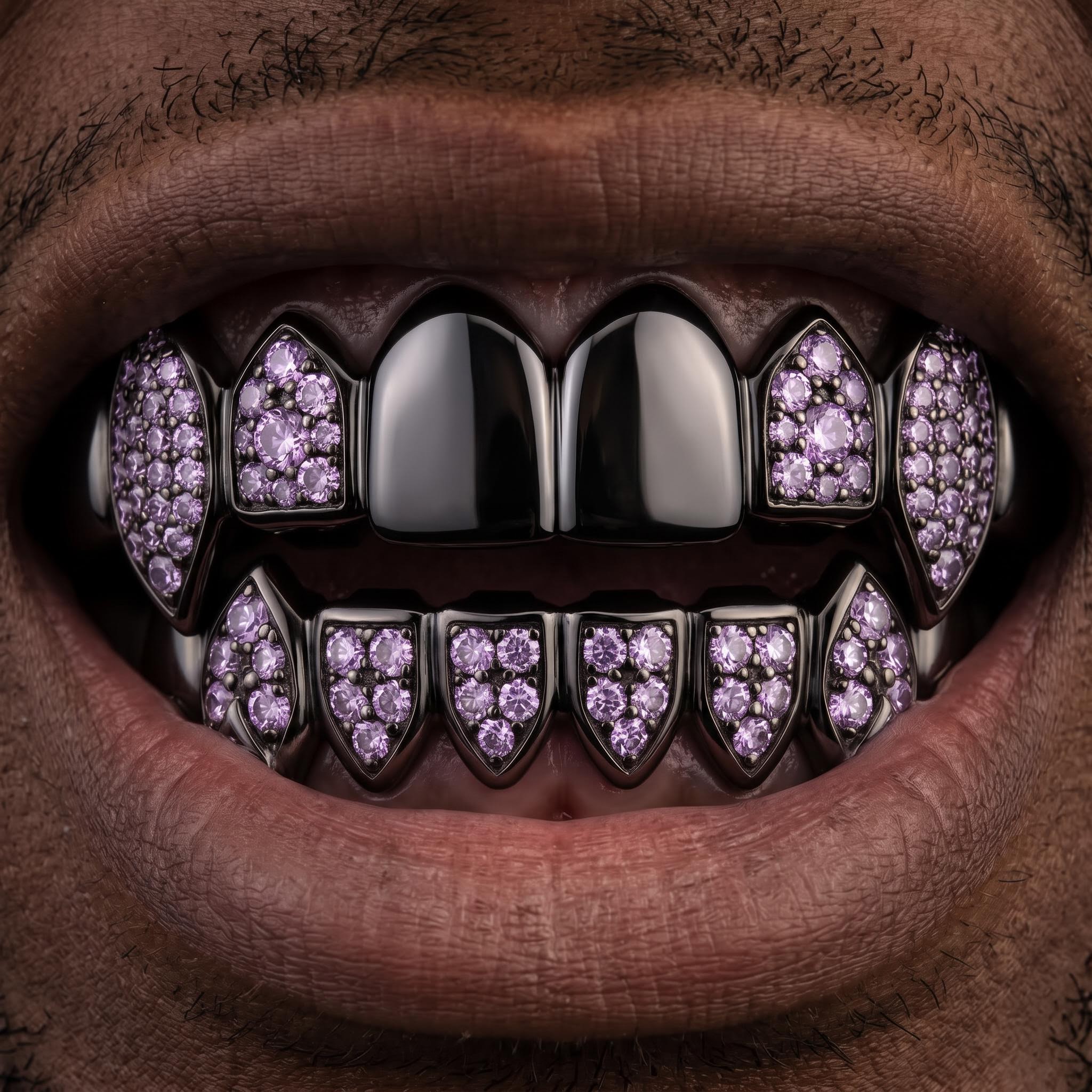 Iced Out Purple Stone Vampire Fangs Grillz Set in Black Gold Iced Out Purple Stone Vampire Fangs Grillz Set in Black Gold