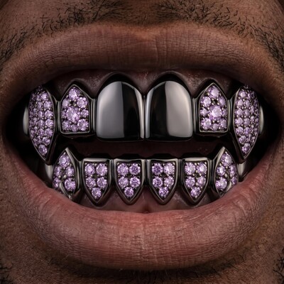 Iced Out Purple Stone Vampire Fangs Grillz Set in Black Gold