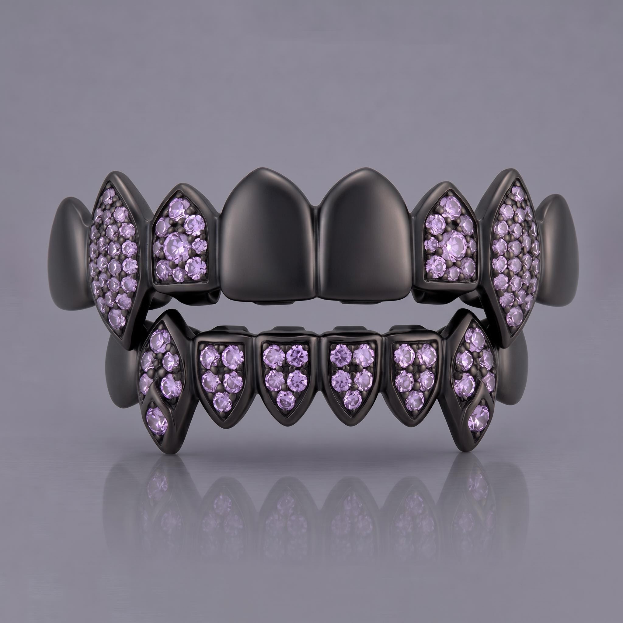 Iced Out Purple Stone Vampire Fangs Grillz Set in Black Gold Iced Out Purple Stone Vampire Fangs Grillz Set in Black Gold