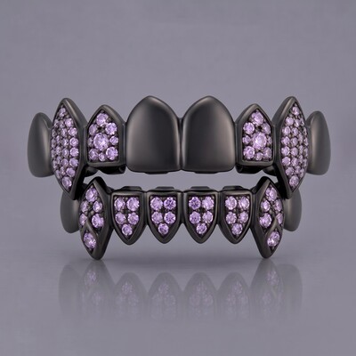 Iced Out Purple Stone Vampire Fangs Grillz Set in Black Gold