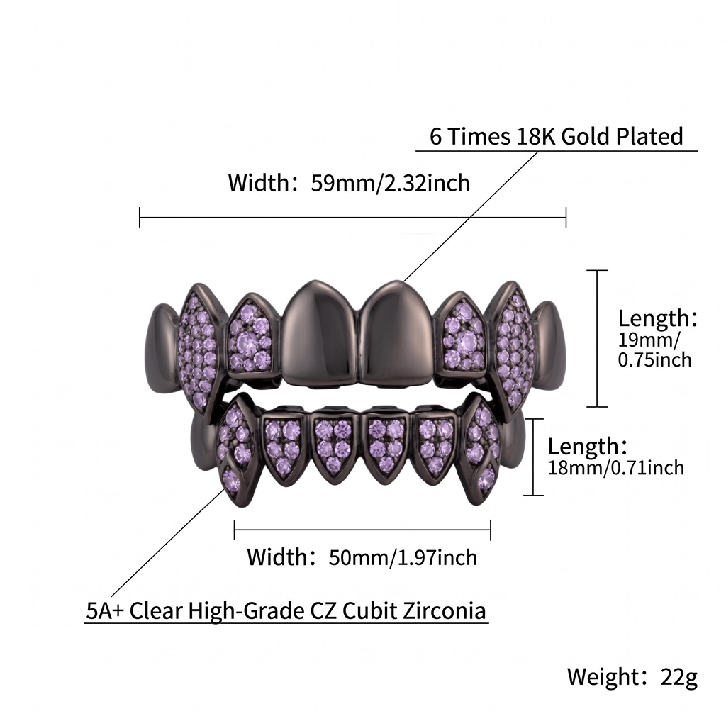Iced Out Purple Stone Vampire Fangs Grillz Set in Black Gold Iced Out Purple Stone Vampire Fangs Grillz Set in Black Gold