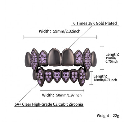 Iced Out Purple Stone Vampire Fangs Grillz Set in Black Gold