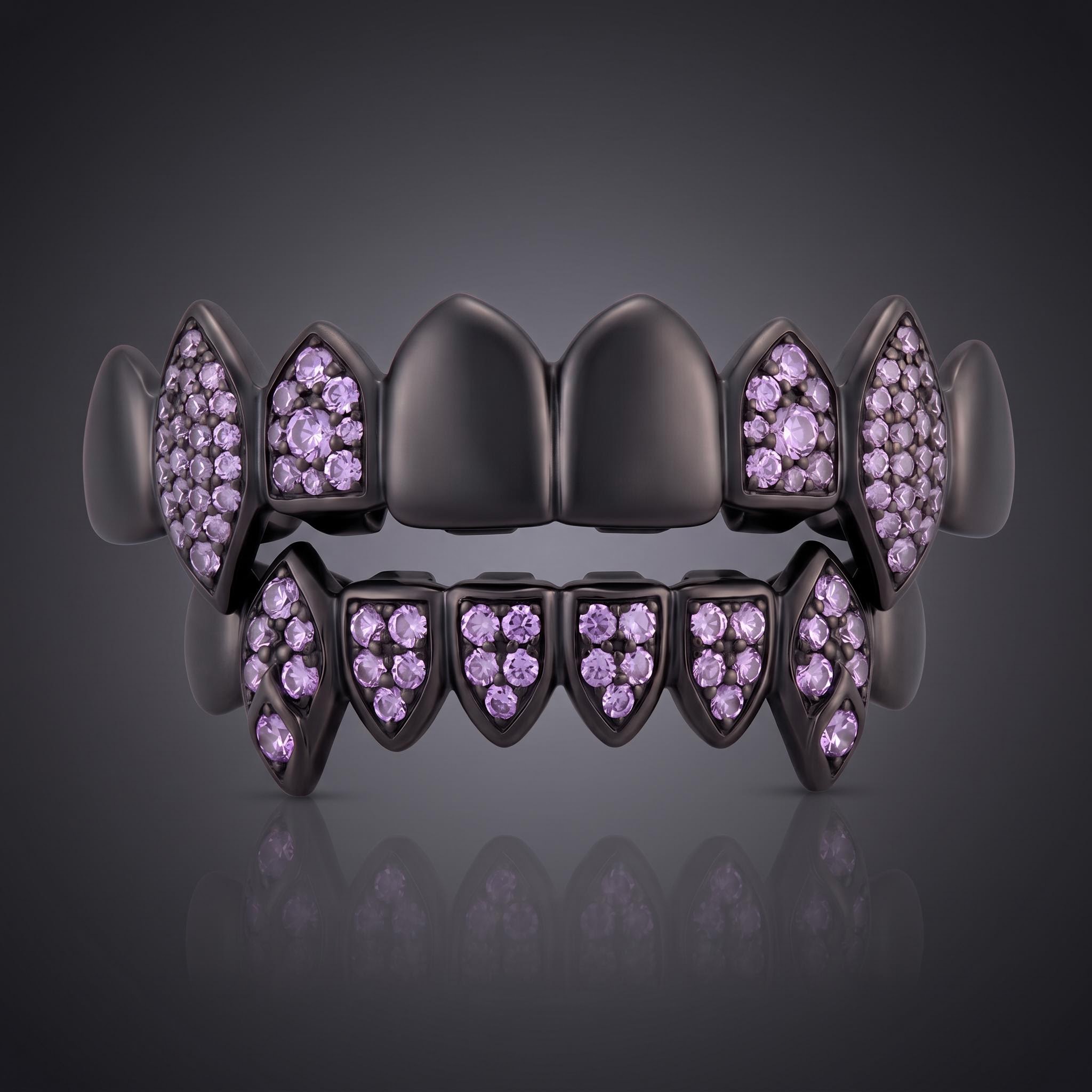 Iced Out Purple Stone Vampire Fangs Grillz Set in Black Gold Iced Out Purple Stone Vampire Fangs Grillz Set in Black Gold