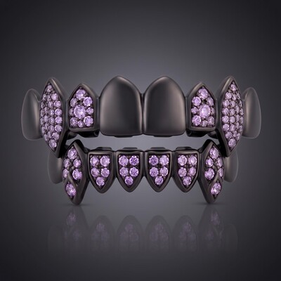 Iced Out Purple Stone Vampire Fangs Grillz Set in Black Gold