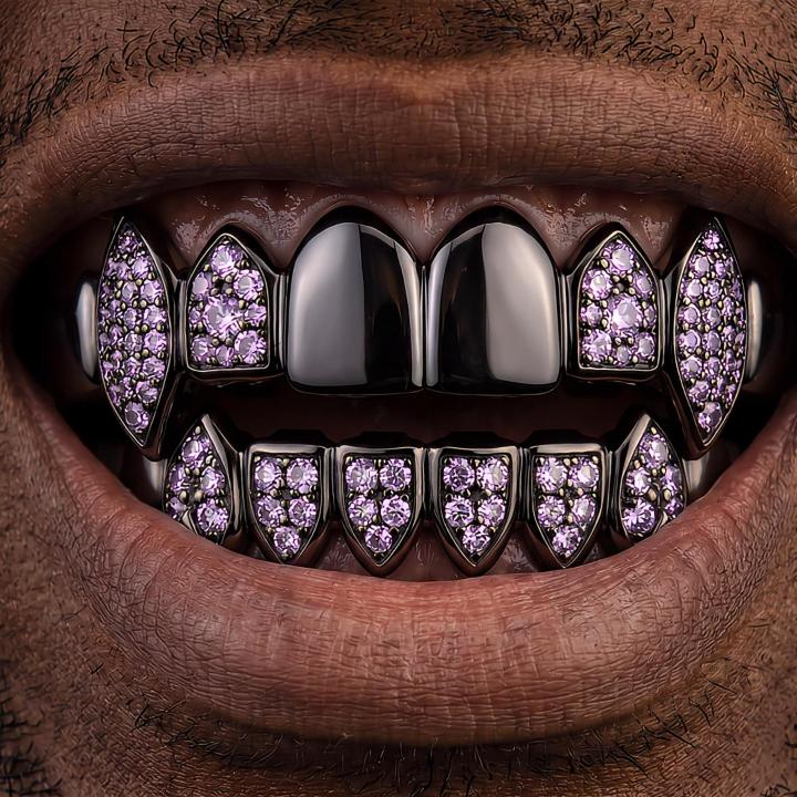 Iced Out Purple Stone Vampire Fangs Grillz Set in Black Gold Iced Out Purple Stone Vampire Fangs Grillz Set in Black Gold