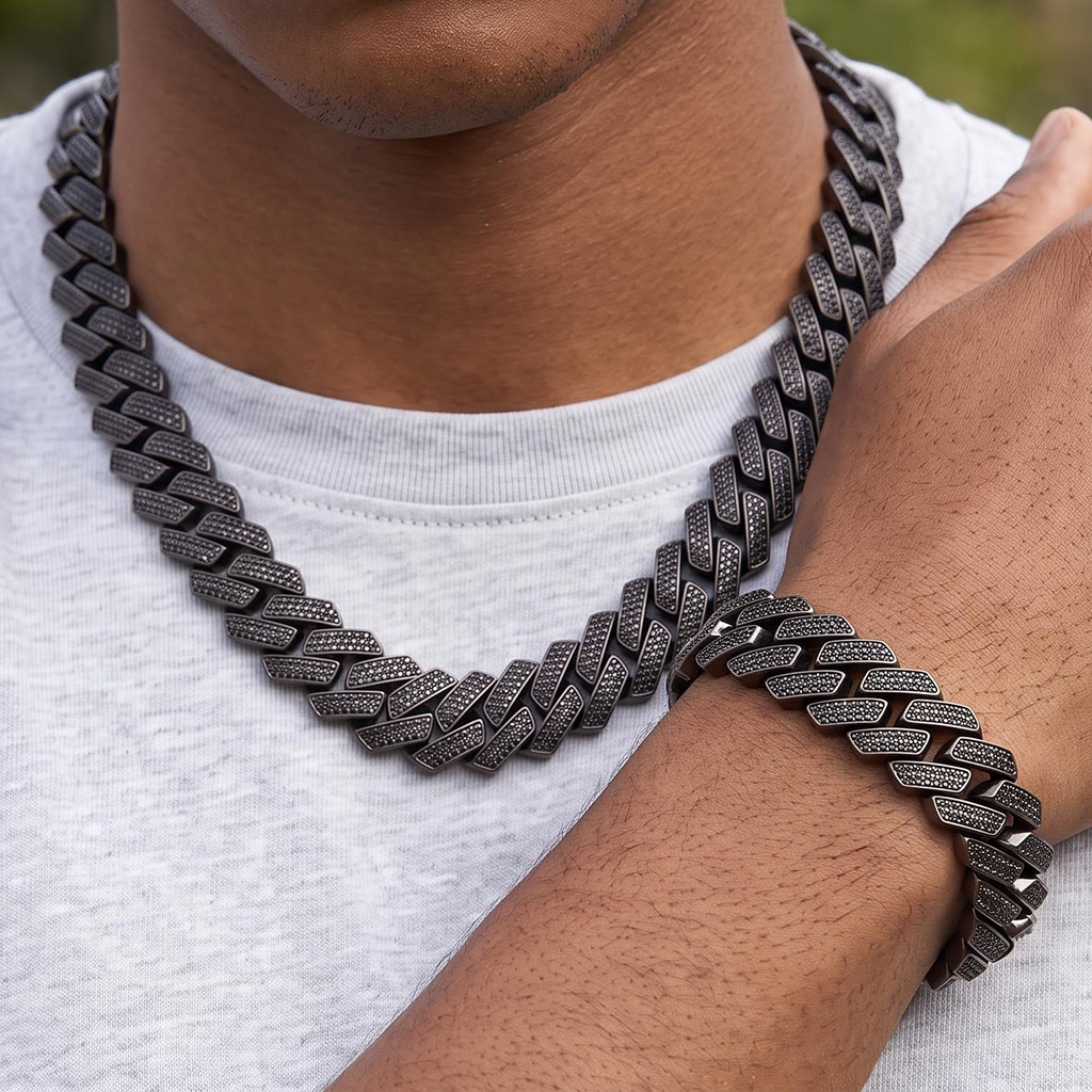 20mm Iced Out Black Cuban Link Chain and Bracelet Set 20mm Iced Out Black Cuban Link Chain and Bracelet Set