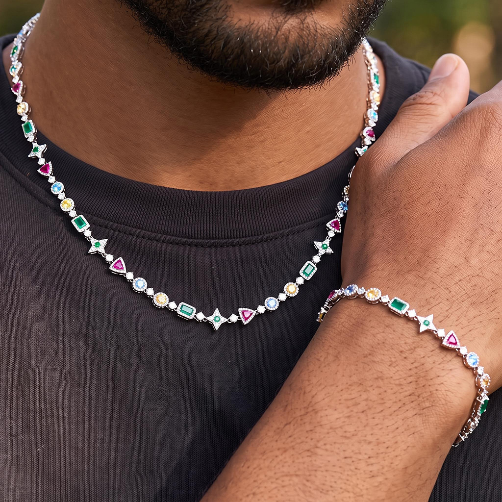 Iced Out 7mm Multi-color Diamonds Chain and Bracelet Set