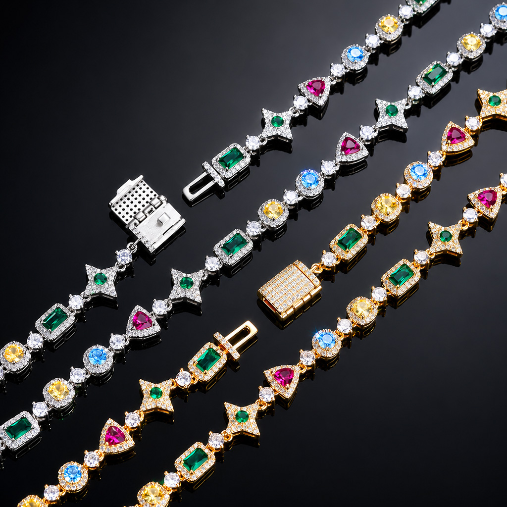 Iced Out 7mm Multi-color Diamonds Chain and Bracelet Set