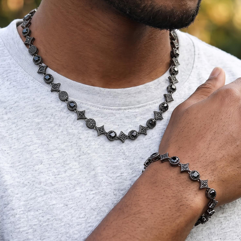 Iced Out 8mm Star Black Tennis Chain and Bracelet Set Iced Out 8mm Star Black Tennis Chain and Bracelet Set