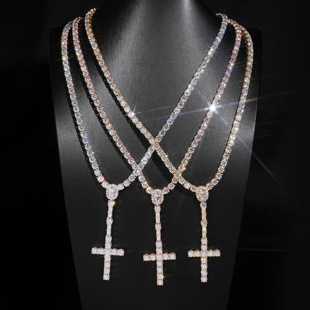 925 Silver & VVS1 Moissanite 5mm Cross Tennis Rosary Necklace 925 Silver & VVS1 Moissanite 5mm Cross Tennis Rosary Necklace