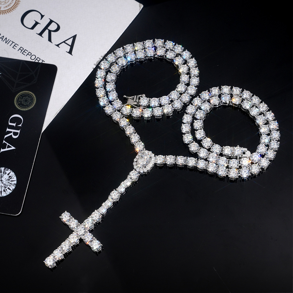 925 Silver & VVS1 Moissanite 5mm Cross Tennis Rosary Necklace 925 Silver & VVS1 Moissanite 5mm Cross Tennis Rosary Necklace