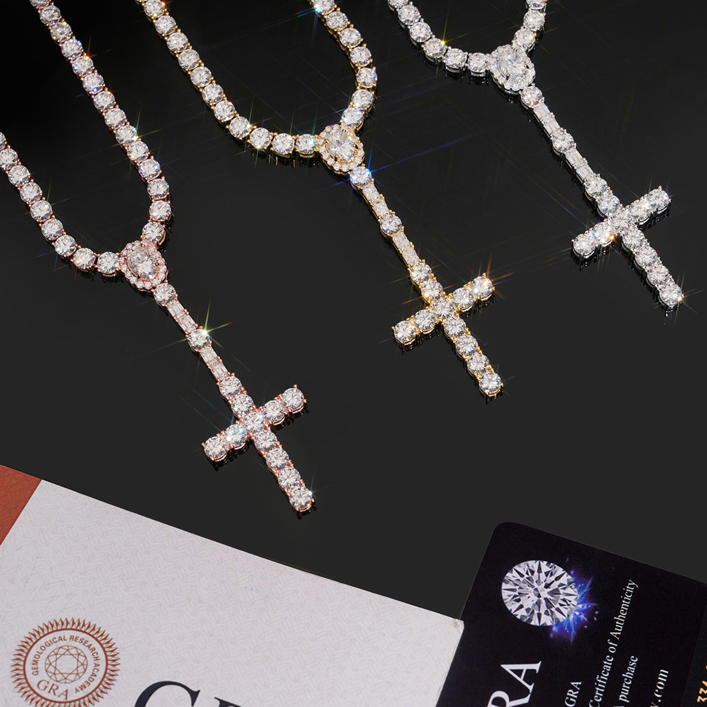 925 Silver & VVS1 Moissanite 5mm Cross Tennis Rosary Necklace 925 Silver & VVS1 Moissanite 5mm Cross Tennis Rosary Necklace