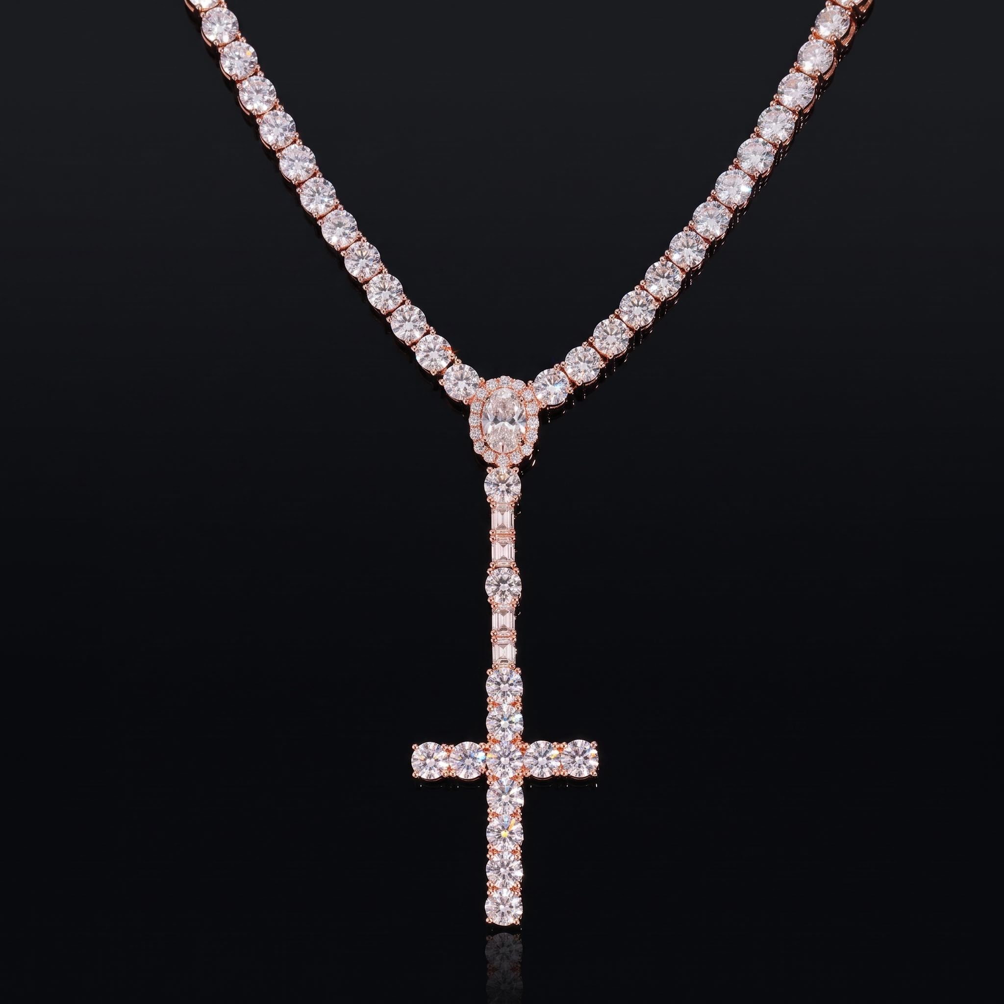 925 Silver & VVS1 Moissanite 5mm Cross Tennis Rosary Necklace 925 Silver & VVS1 Moissanite 5mm Cross Tennis Rosary Necklace
