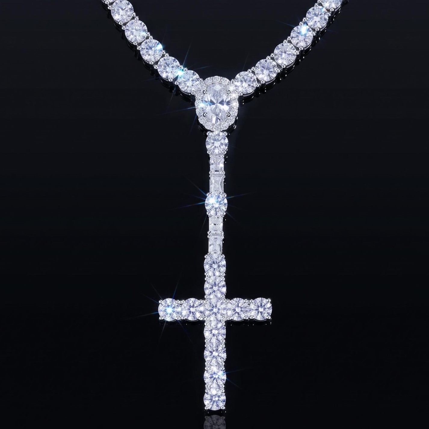 925 Silver & VVS1 Moissanite 5mm Cross Tennis Rosary Necklace