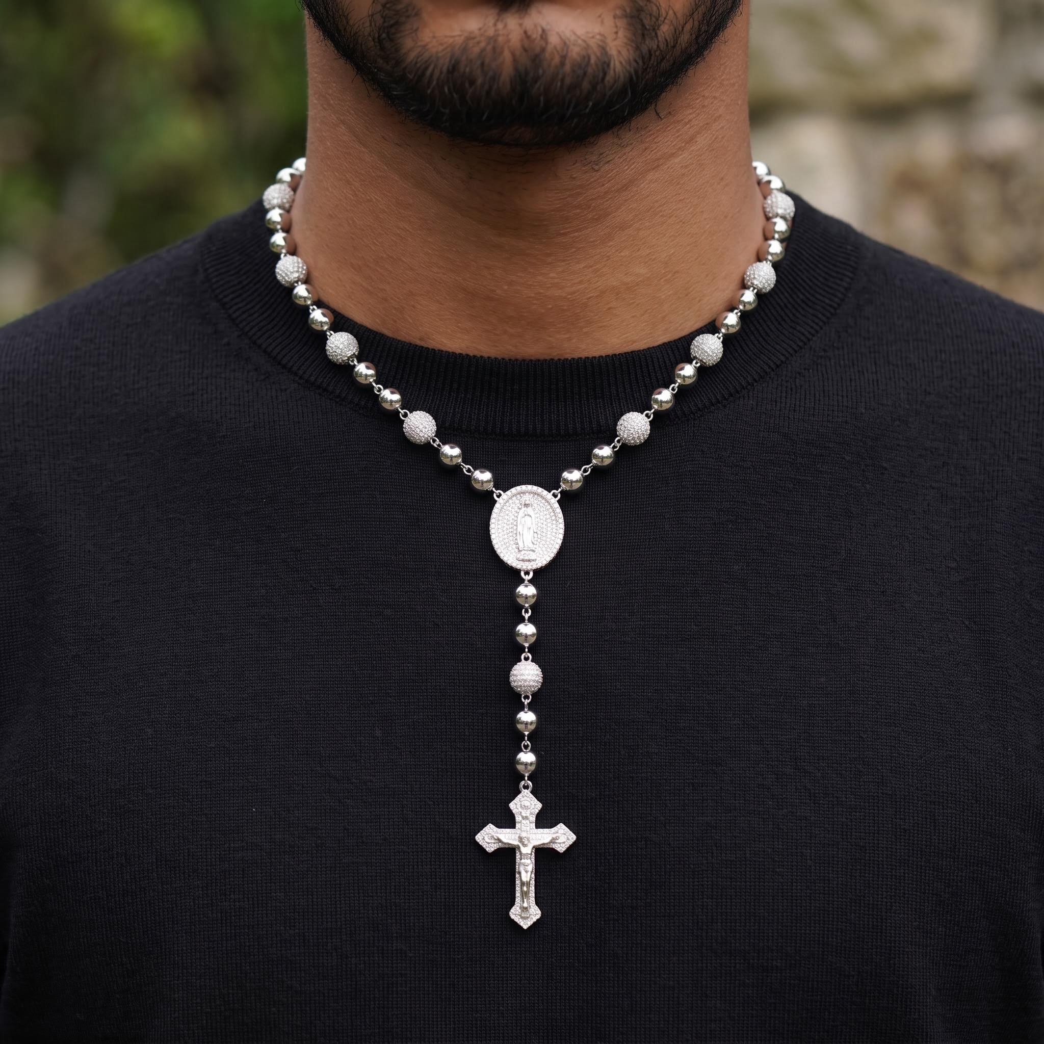 925 Silver & VVS1 Moissanite Cross Beads Rosary Necklace 925 Silver & VVS1 Moissanite Cross Beads Rosary Necklace