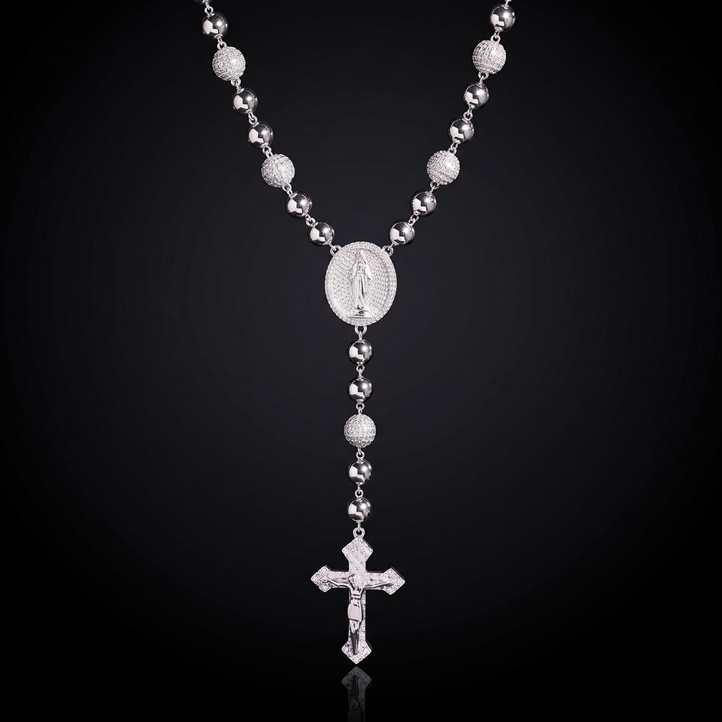 925 Silver & VVS1 Moissanite Cross Beads Rosary Necklace 925 Silver & VVS1 Moissanite Cross Beads Rosary Necklace