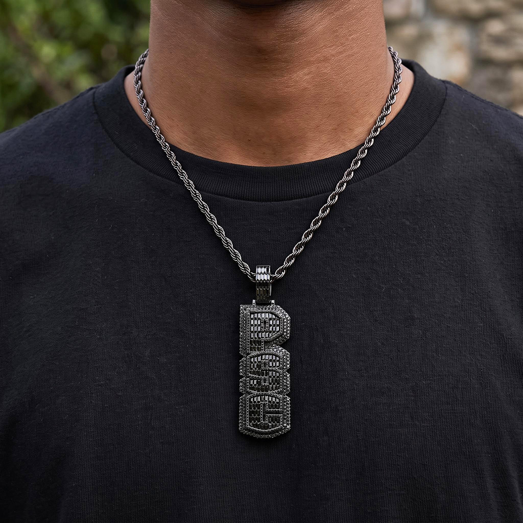 Iced Out Black Custom Baguette Cut Vertical Letter Pendant