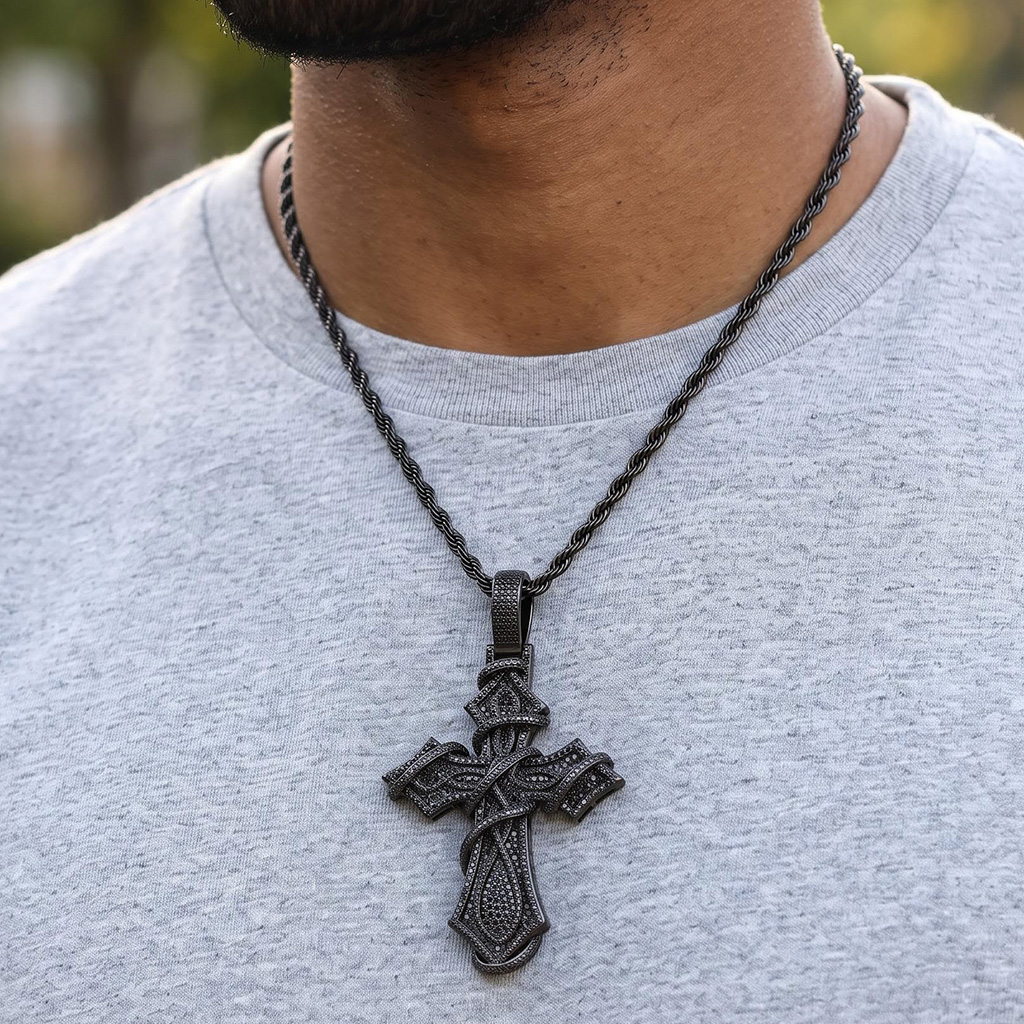 Iced Out Black Thorn Cross Pendant Iced Out Black Thorn Cross Pendant