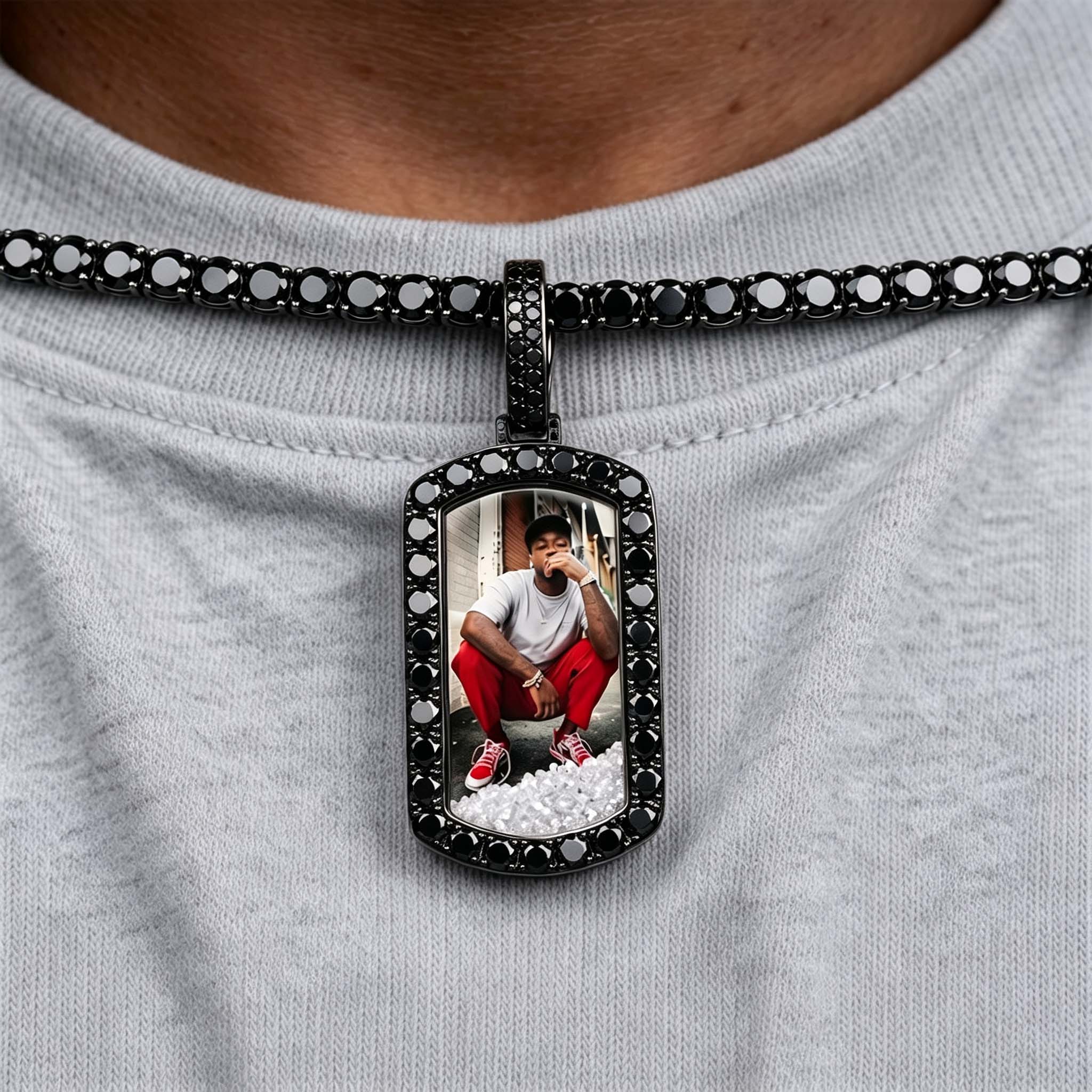 Black Icy-Filled Dog Tag Custom Photo Pendant Black Icy-Filled Dog Tag Custom Photo Pendant